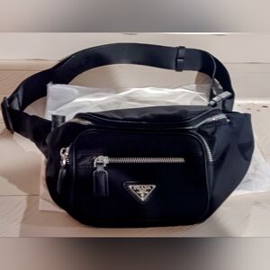 Unisex Nylon  Black Belt Bag/ Fanny Pack with triangle PRADA logo